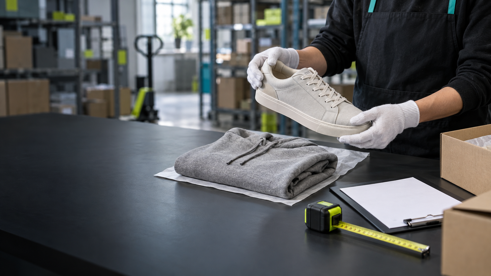 Quality-control inspection of an unbranded shoe and clothing before international shipping